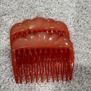 Vintage Coral Hair Combs with Rhinestones